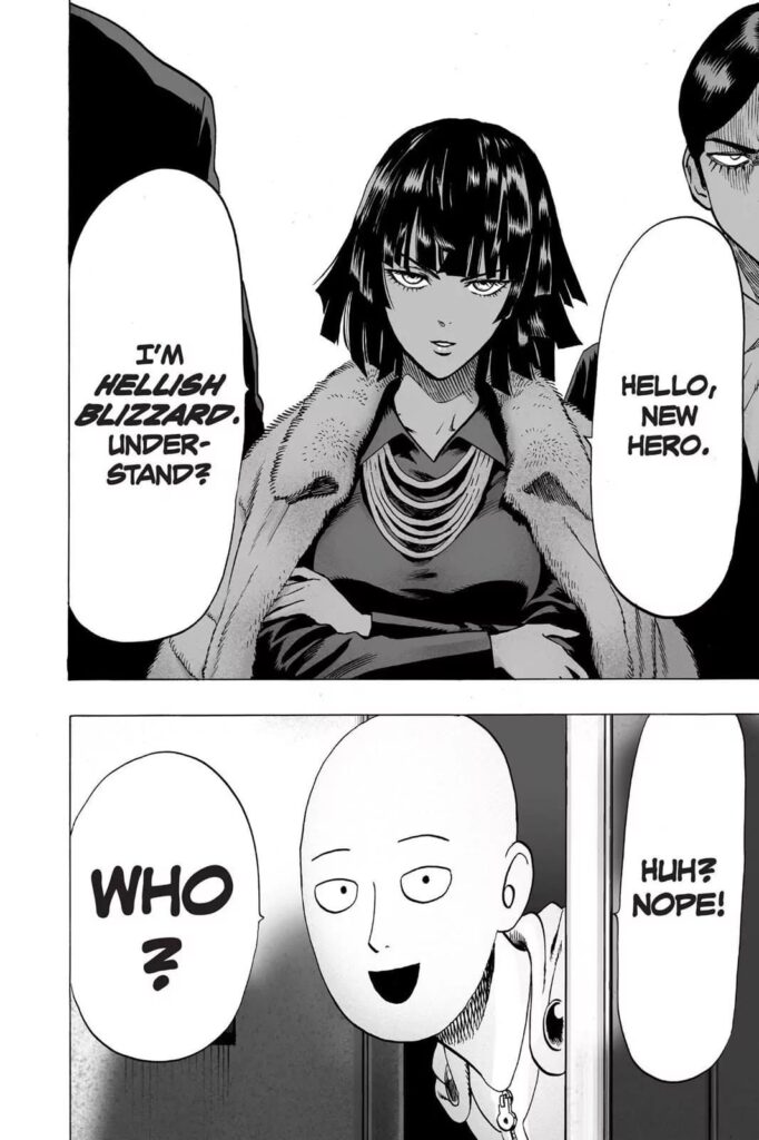 The people who appear are Fubuki and her two teammates, but Saitama is not interested.