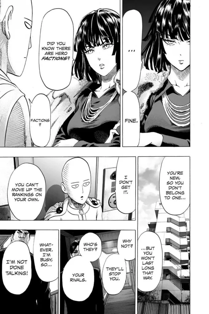 Fubuki and his bodyguards explain the hero rankings to Saitama.