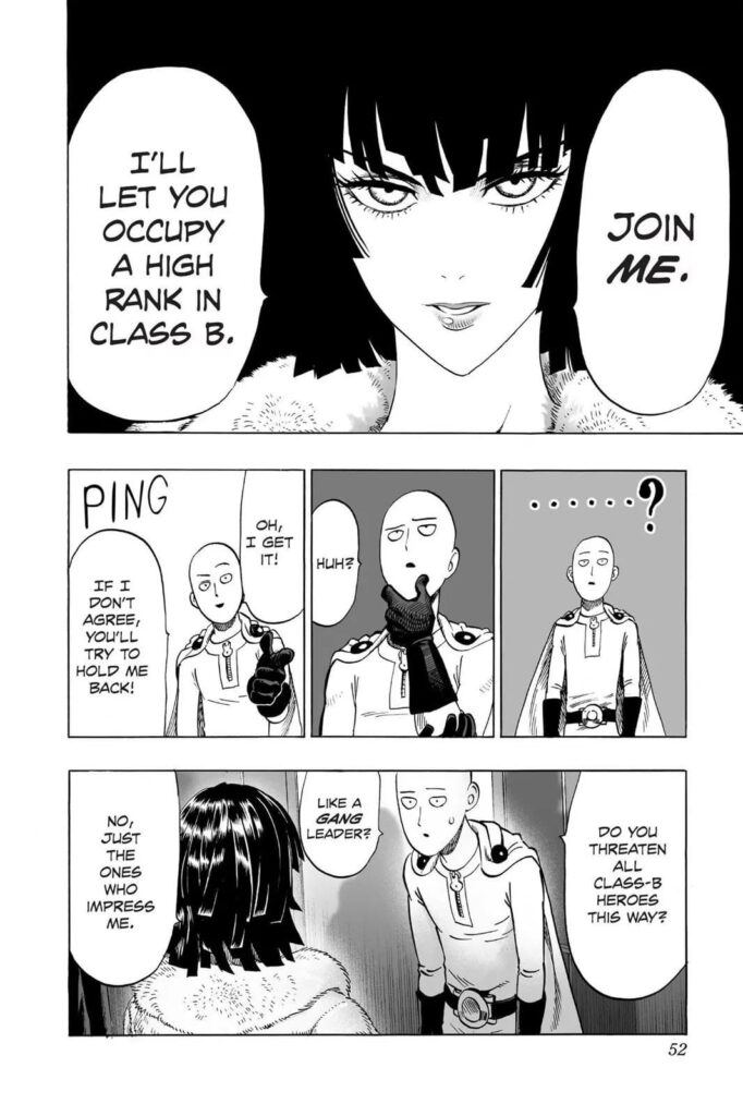 Fubuki promises a higher ranking to Saitama if he joins her group, but Saitama shows no interest.