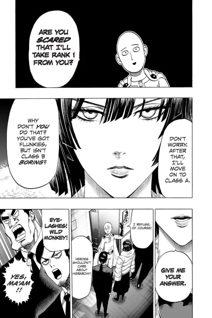 Saitama refuses Fubuki's offer and gives a signal to Eyelashes and Wild Monkey.