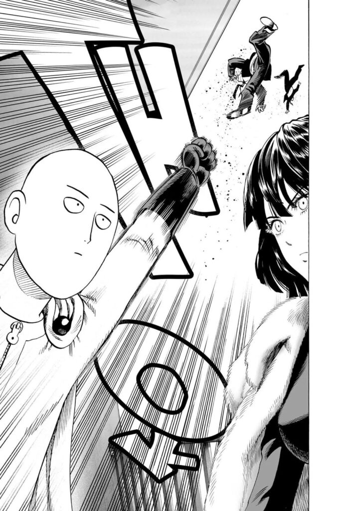 Saitama punches the two guys and sends them flying.