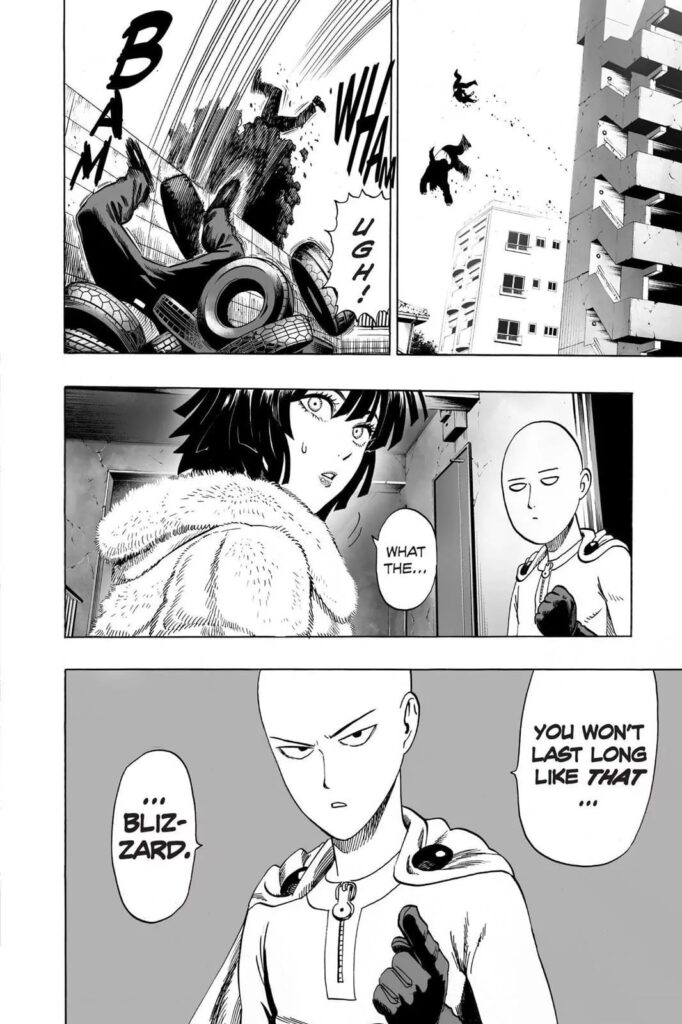 The two heroes land outside Saitama's apartment. Saitama gives advice to the surprised Fubuki.