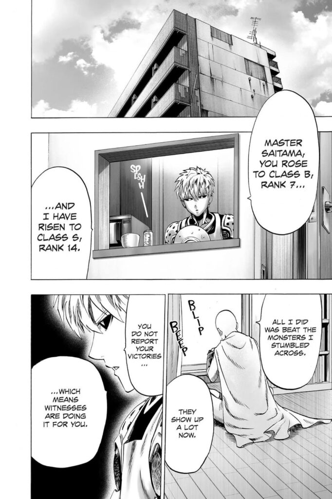 Genos washes the dishes and updates Saitama Sensei on their rankings while inside the apartment.