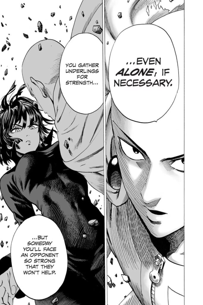 Saitama lectures Fubuki about relying on underlings to fight strong monsters.