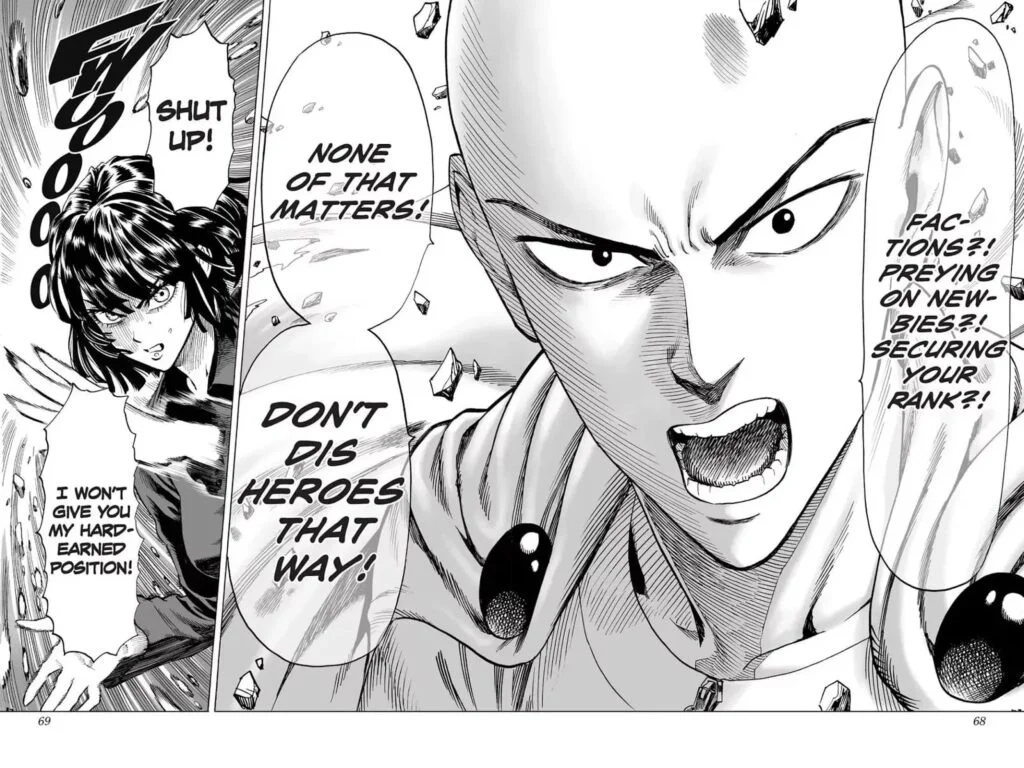 Saitama shows anger at Fubuki about securing ranks through factions and preying on newbies.