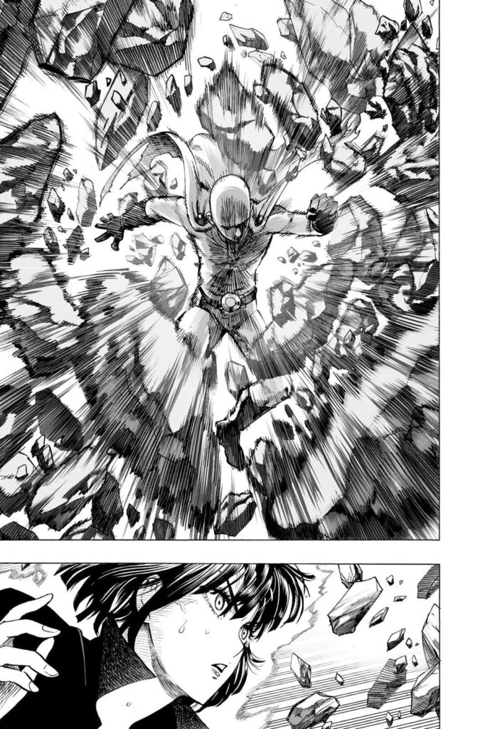 Saitama punches through the rocks while Fubuki is surprised.