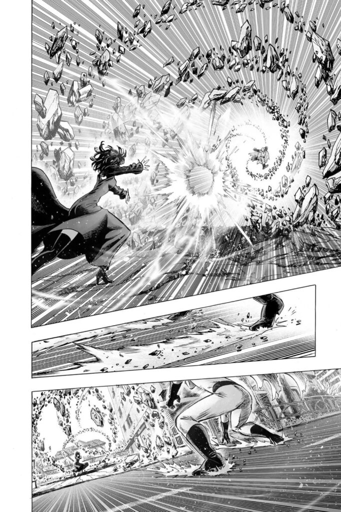 Fubuki further attacks Saitama with another round of psychic and rock debris that sends him back.