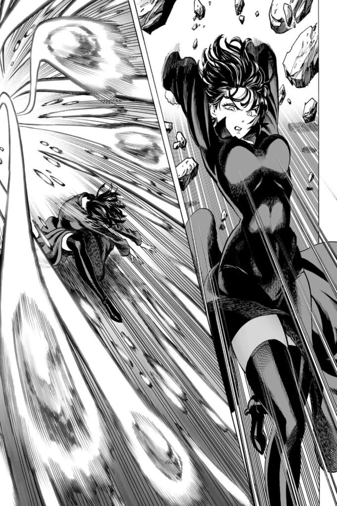 Fubuki lifts more rocks with her psychic powers and throws them to our one-punch hero.