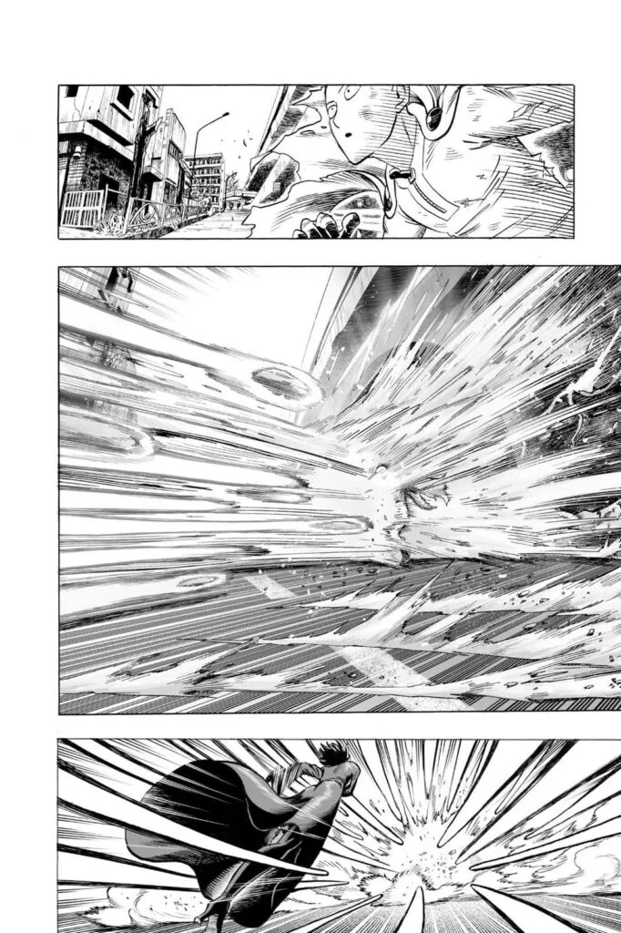 Saitama faces the debris head-on while Fubuki's attack continues.