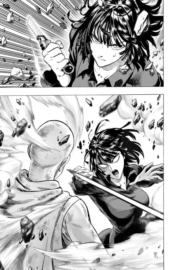 Fubuki gets a bladed weapon and slashes Saitama in the head.