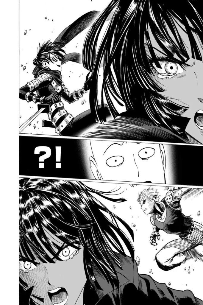 Fubuki attacks with teary eyes while the fight between Genos and Sonic is shown.