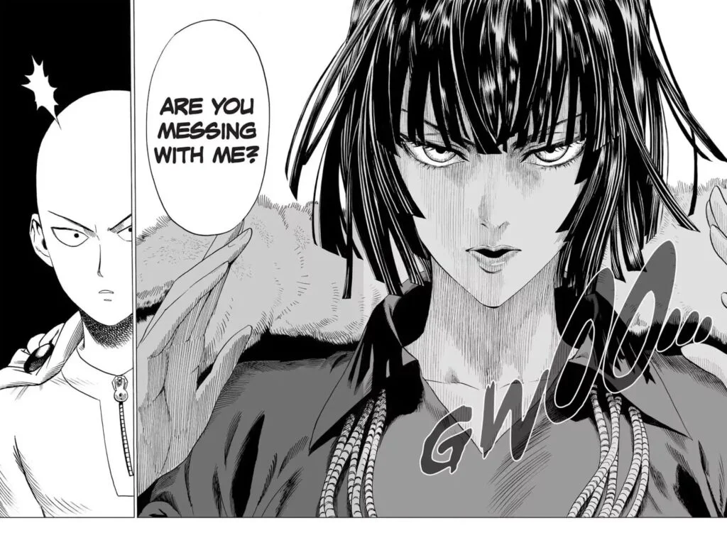 Fubuki takes off her coat and seriously faces Saitama.
