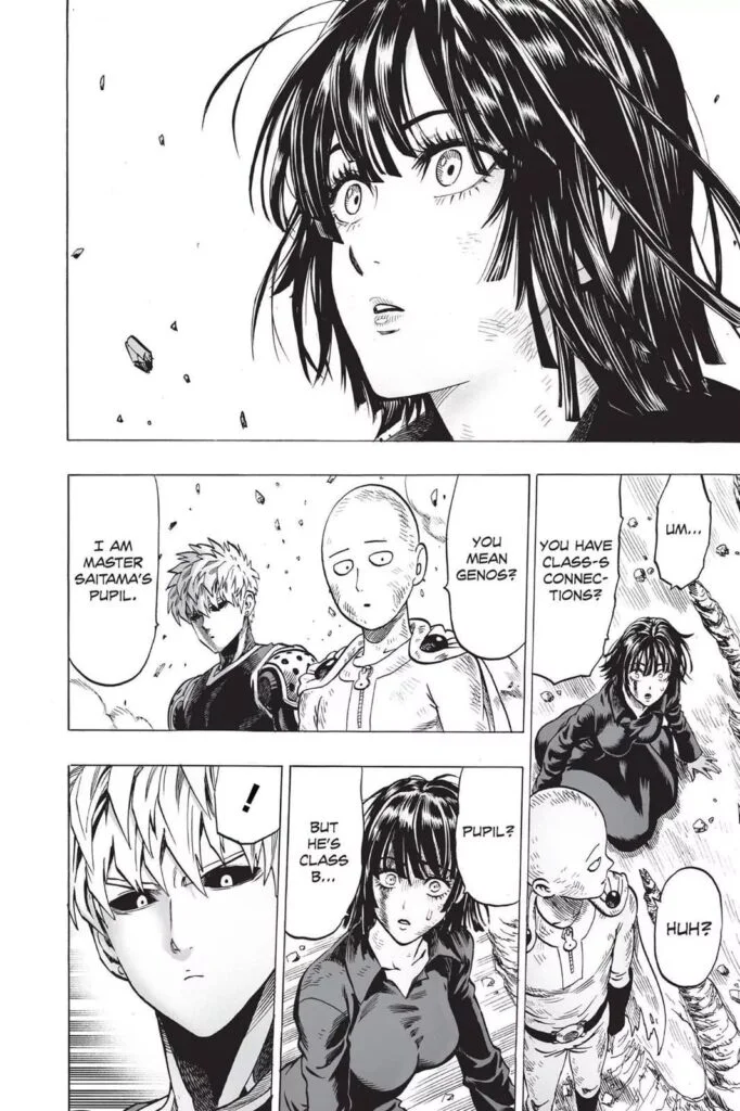 Fubuki is surprised upon learning that Saitama has Genos as his pupil.