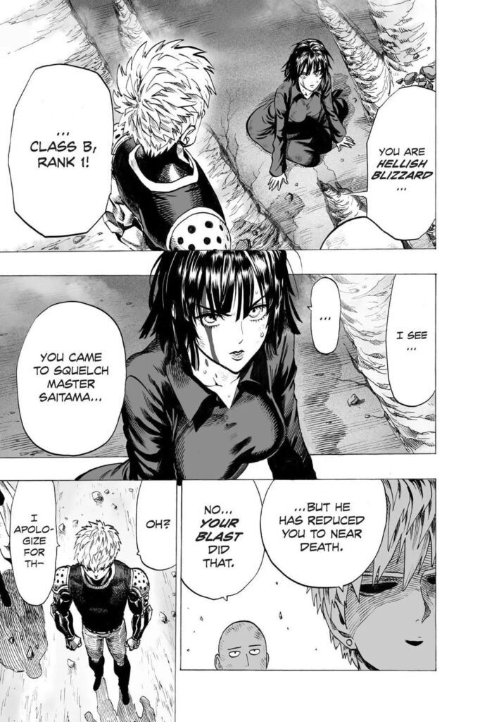 Genos recognizes Class B Rank 1 Hellish Blizzard and knows Saitama beats he