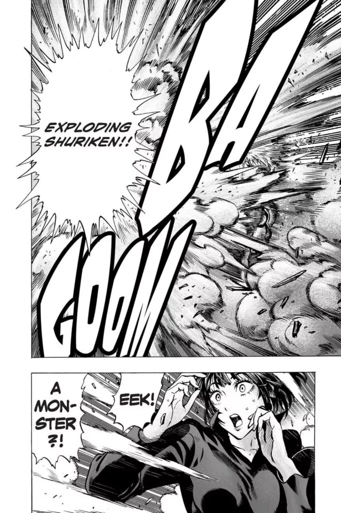 Sonic suddenly attacks with exploding shurikens, and Fubuki gets more surprised.