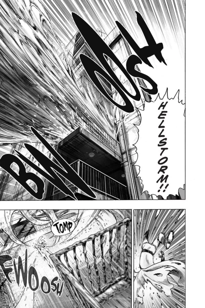 Fubuki releases a huge attack called "Hellstorm" that blows Saitama out of the building.