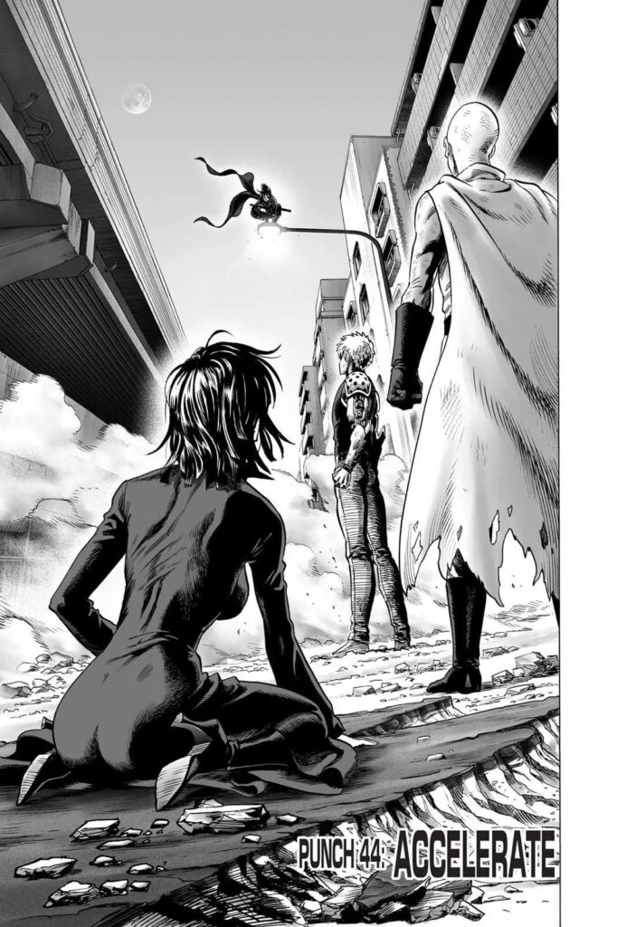 Genos and Saitama are standing while Fubuki sits on the ground as they look towards Sonic sitting atop a pole.