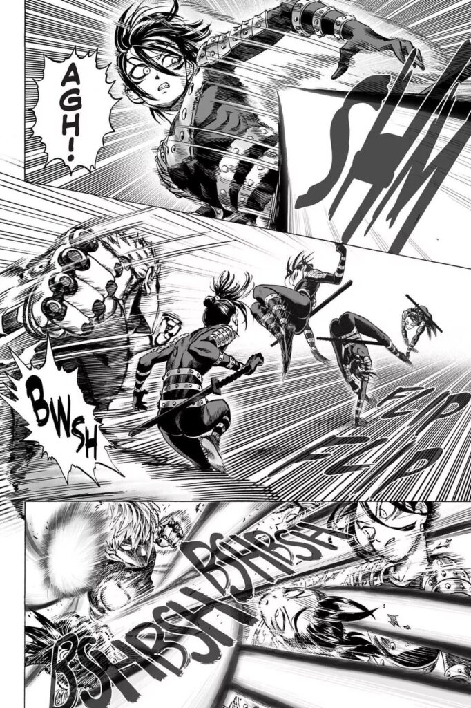 Sonic dodges an attack and moves back, but Genos quickly appears behind him.