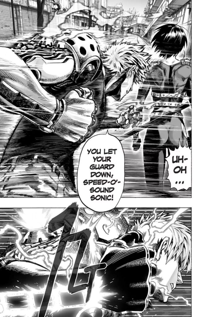 Genos suddenly moves behind Sonic and prepares to launch a powerful punch with his glowing body.