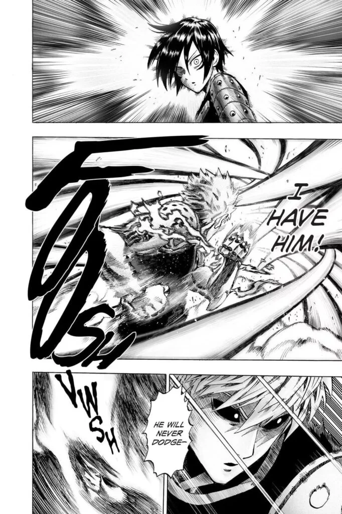 Sonic turns back and sees the punches but suddenly disappears, leaving Genos surprised.