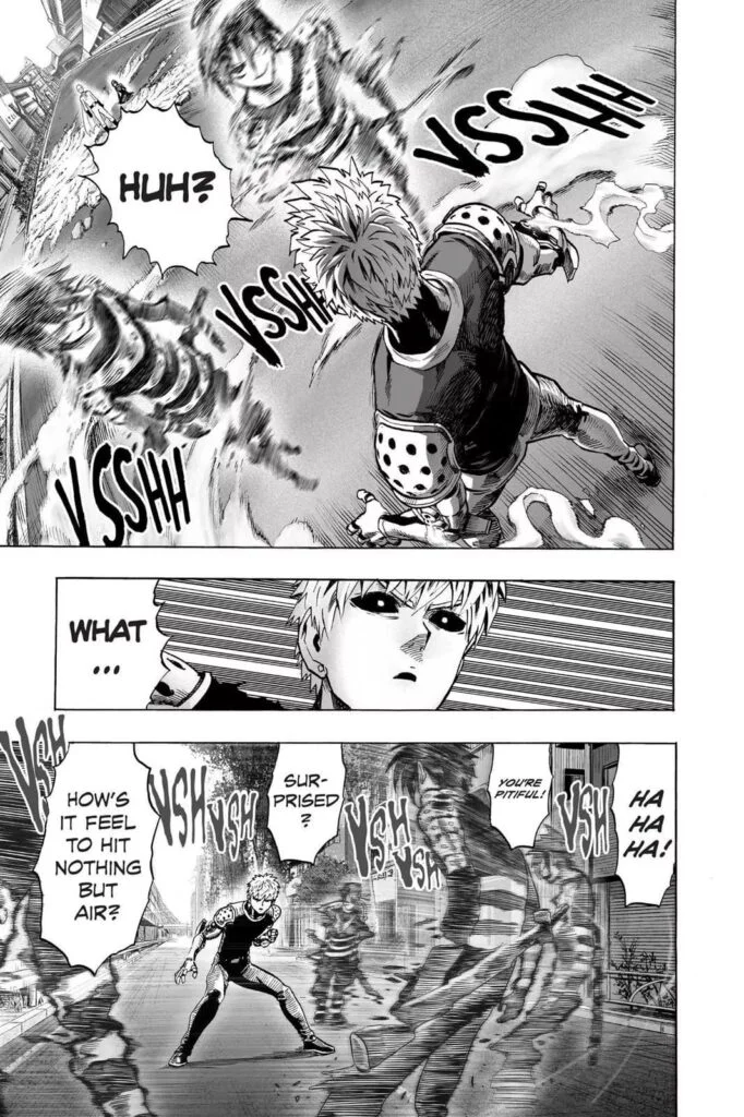 Genos looks more surprised as Sonic's afterimages appear around him.