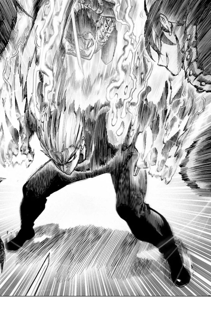 Sonic gets very close to Genos as Genos tries to incinerate everything around him.