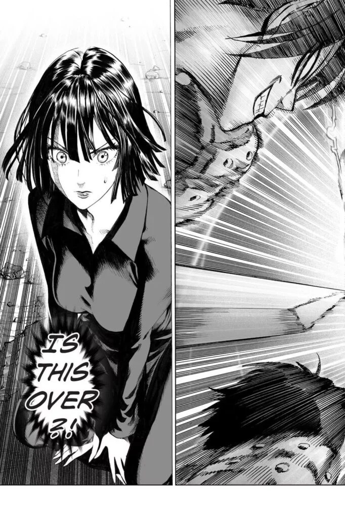 Sonic slashes Genos while Fubuki watches in disbelief, thinking the fight might be over.