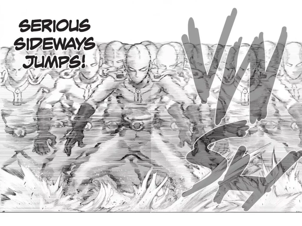 Saitama unleashes his "Serious Sideways Jumps!" creating many afterimages of himself.