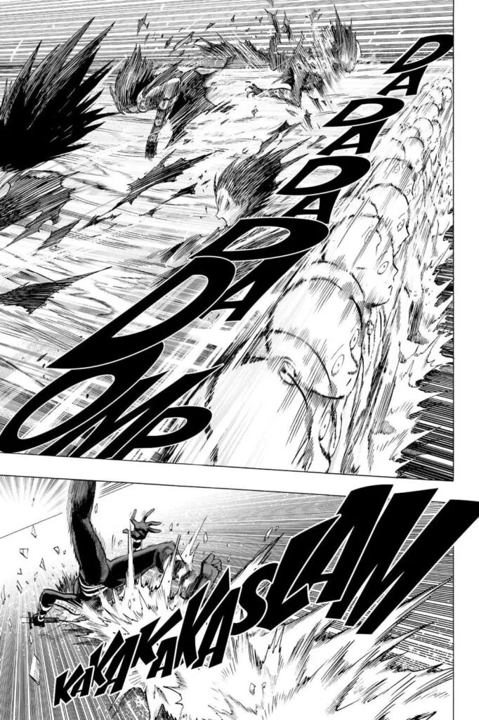 Saitama's afterimages with bored faces destroy Sonic's afterimages while Sonic crashes to the ground.