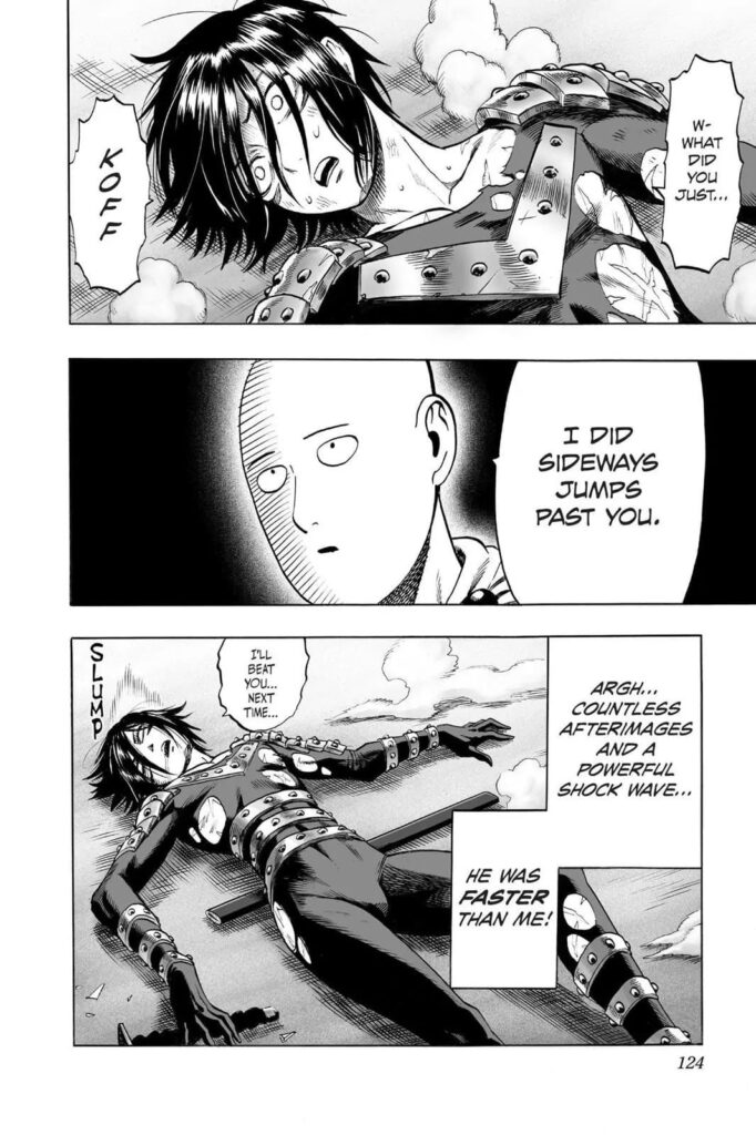 Sonic falls, looking desperate. Saitama explains he just jumps sideways.