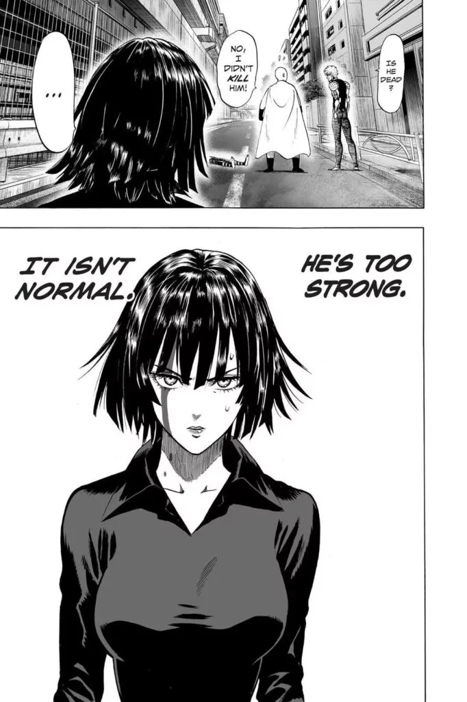 Genos asks Saitama if Sonic is dead while Fubuki stands behind them, acknowledging Saitama's strength.