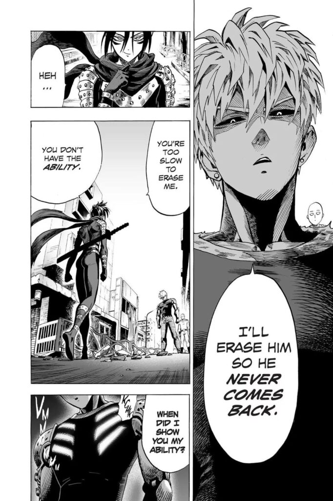 Genos wants to erase Sonic while Saitama stands behind him.