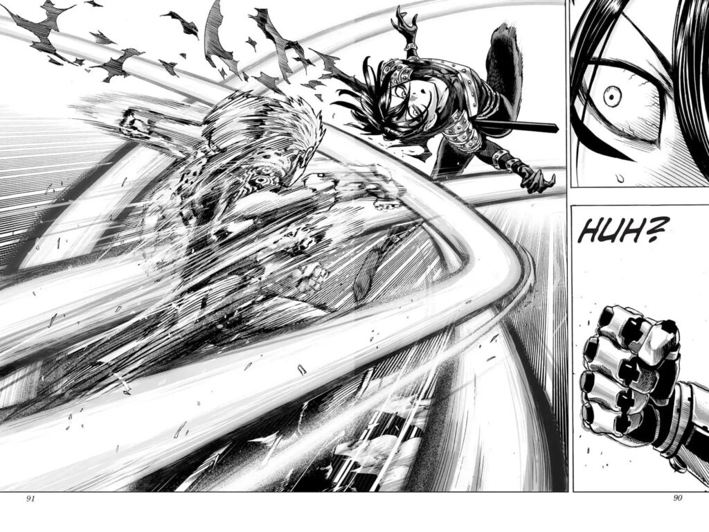 Genos punches Sonic from behind, but Sonic jumps and dodges.