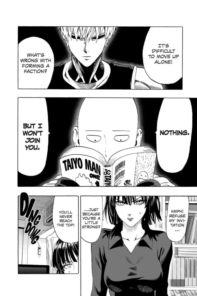 Saitama is reading a comic and refuses to join Fubuki's faction when the door rings.