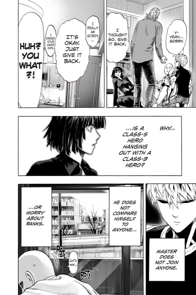 Kings asks for his video game back while Genos explains to Fubuki that Saitama does not join with anyone.