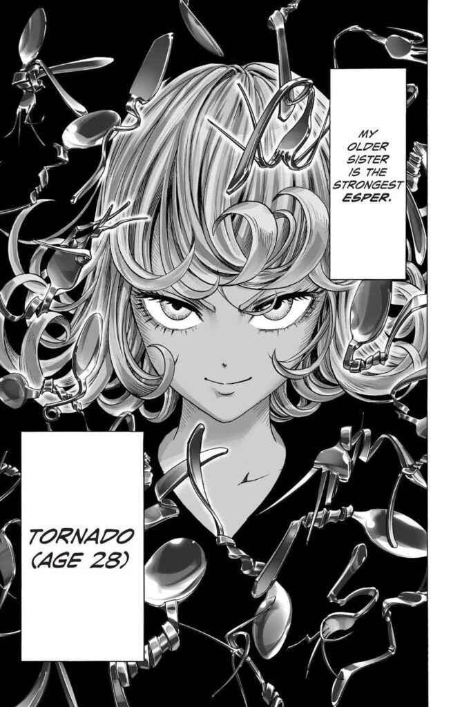 Tornado of Terror, Fubuki's older sister, bends and twists so many forks and spoons simultaneously.