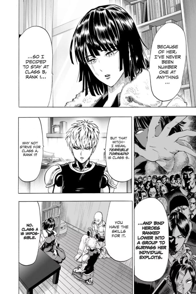 Back to the present, Fubuki recounts her past to Saitama and Genos inside the apartment.