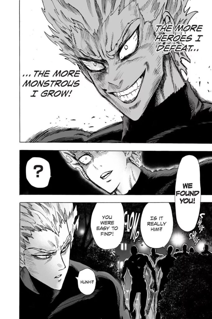 Garou makes an evil smile while a group of men suddenly appears behind him, looking for him.