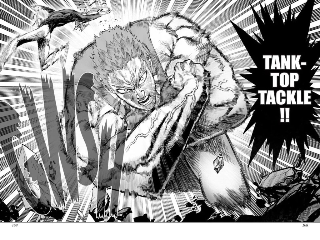 Tank-top Master attacks Garou with his technique, "Tank-top Tackle".