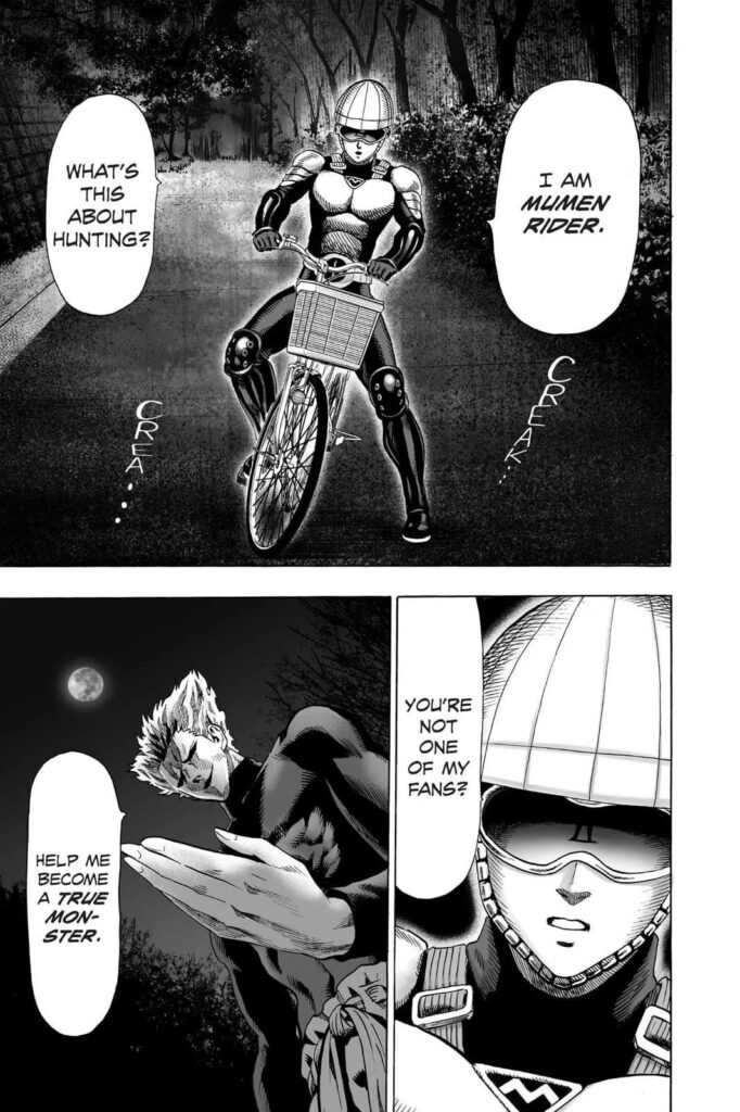 Mumen Rider encounters Garou in the middle of the street and plans to hunt him down.