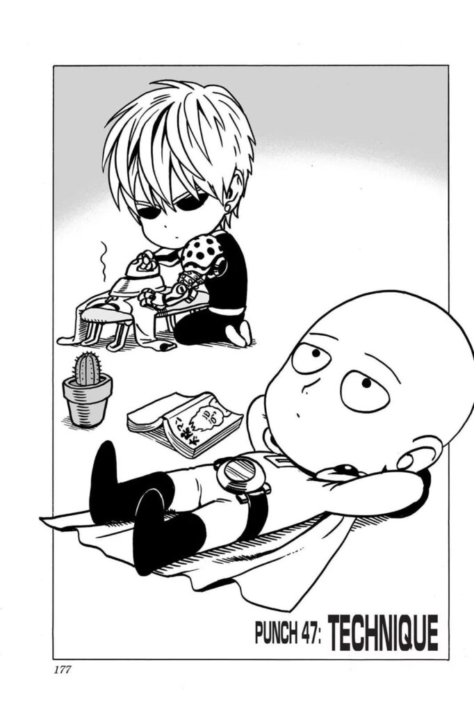 Chibi of Genos ironing his master's suit and Saitama casually lying down with a book and cactus beside him.