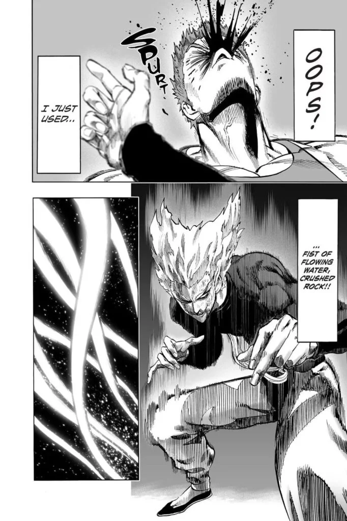 Tank-top Master's face bleeds while Garou looks fine while using the "Fist of Flowing Water, Crushed Rock" technique.