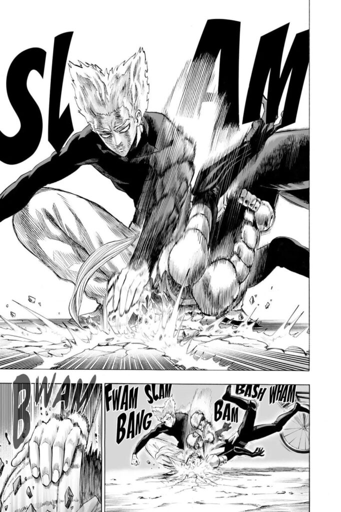 Garou smacks Mumen Rider's head to the ground, breaking it in the process.