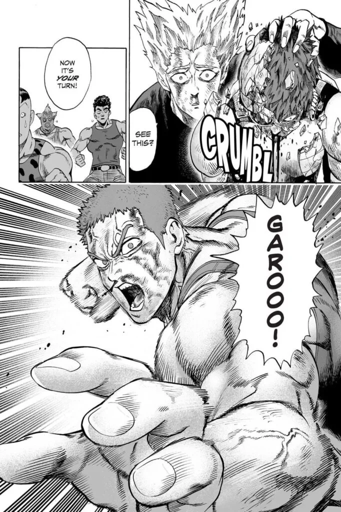 Garou showcases Mumen Rider's injured head to the crew while Tank-top Master launches another punch.