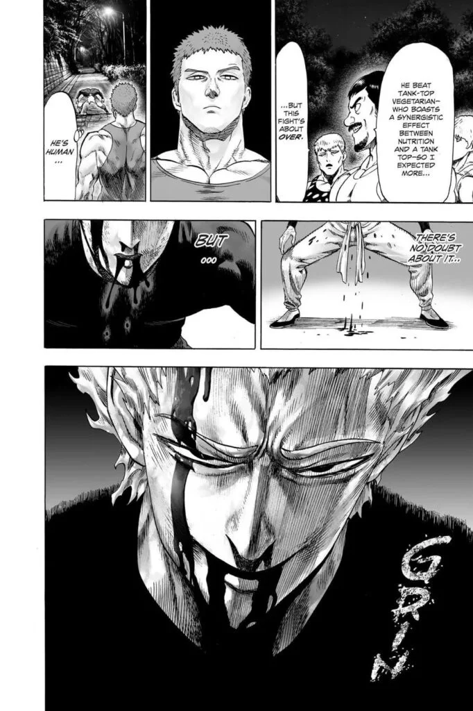 Tank-top Master looks at Garou seriously, who is coughing blood while his head bleeds.