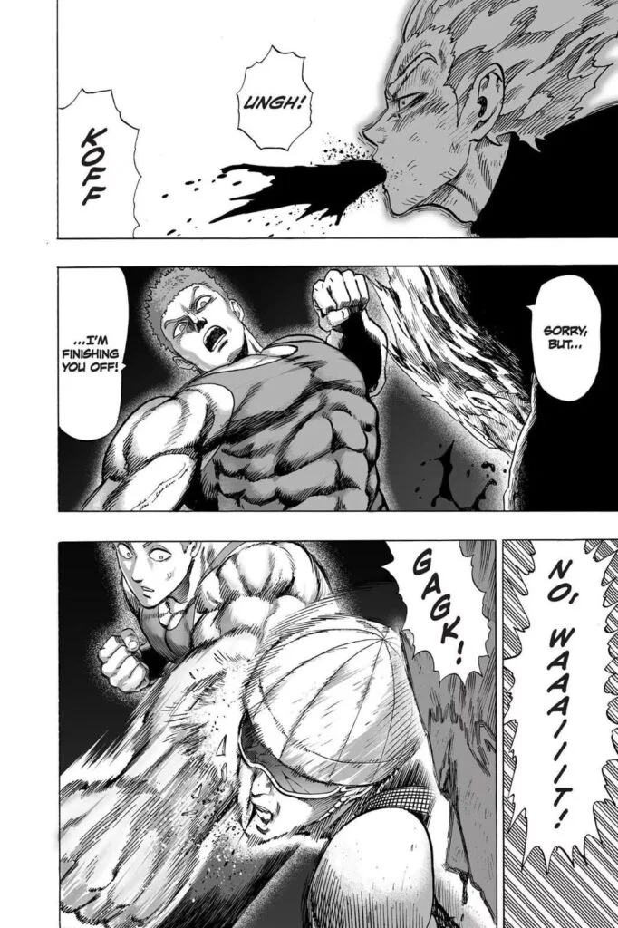 Garou coughs blood while Tank-top Master starts attacking him but hits Mumen Rider instead.