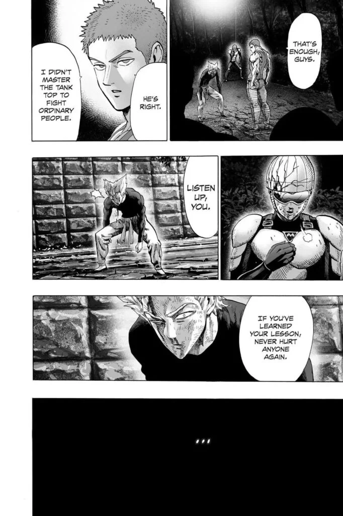 Tank-top Master understands Mumen Rider's point and decides to leave while Garou stands back up.