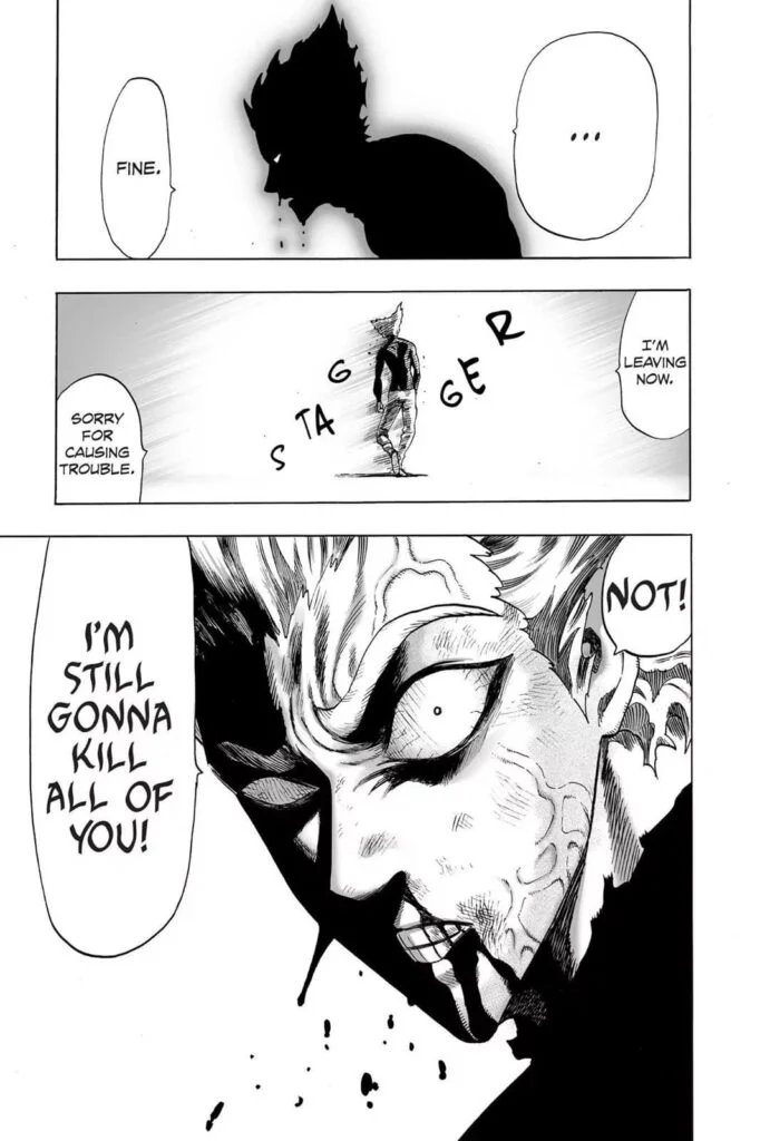 Garou starts walking away but suddenly looks back with an evil stare, wanting to kill them.