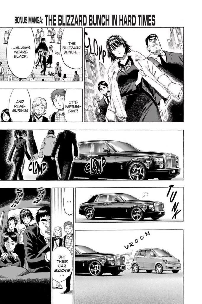 OPM Manga Chapter 47.5 is a Bonus Chapter featuring the Blizzard Bunch and their side jobs to buy a new car.