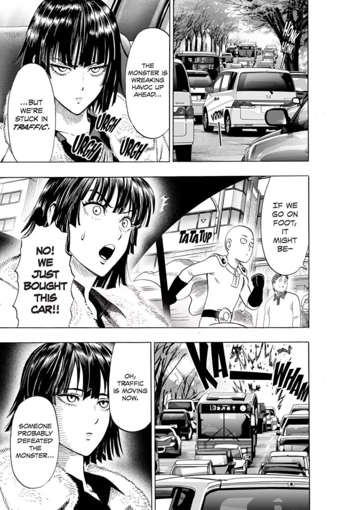 Fubuki's car gets stuck in traffic while a running Saitama passes by them.